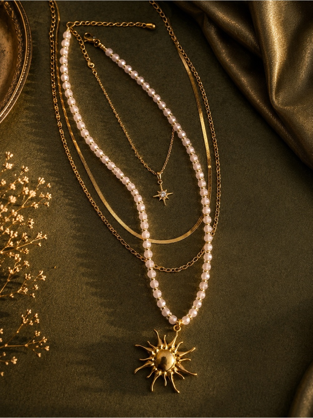 Gold Sun Pendant Necklace with Pale Pink Beads - Picture 2 of 4